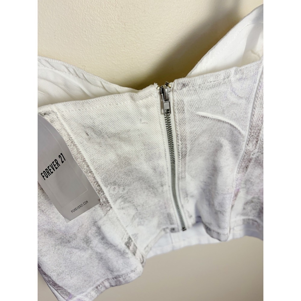 Forever 21 Bustier Top Womens Small White Newsprint Corset Crop Top Zipper Back - Picture 6 of 8